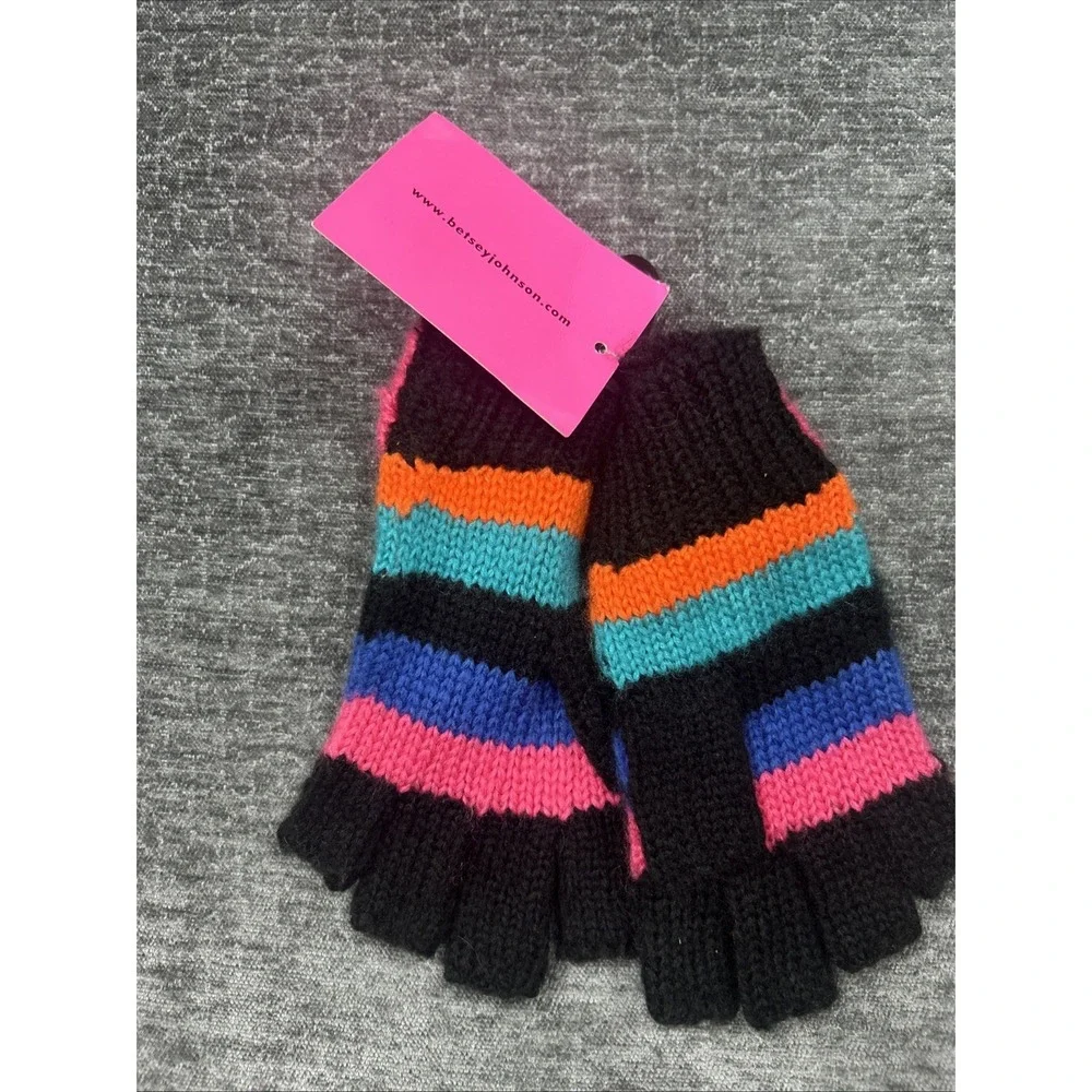 Betsey‎ Johnson fingerless Texting Gloves Bow Stripe knit Pink Black NWT